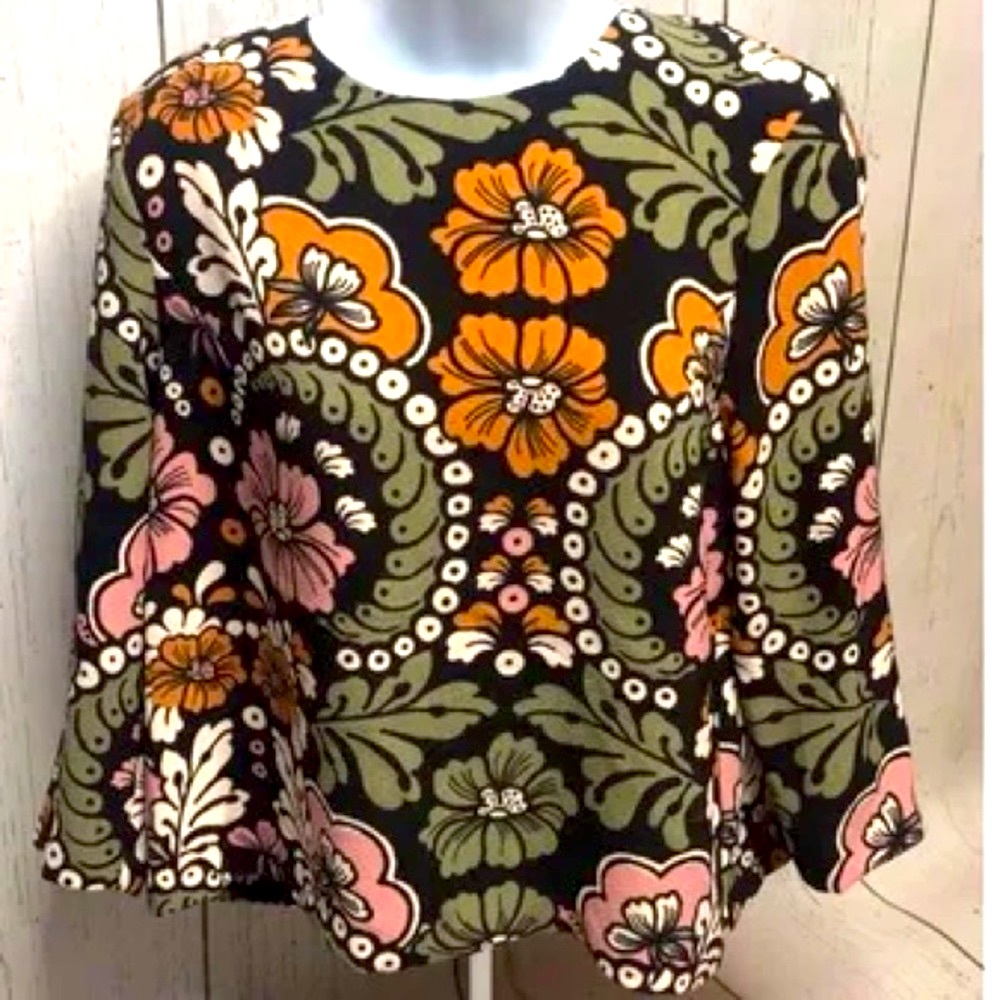 H&M 3/4 sleeve retro fall colors floral top black cropped size 12 - Picture 2 of 13